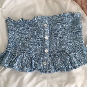 White and baby blue floral tube top button up